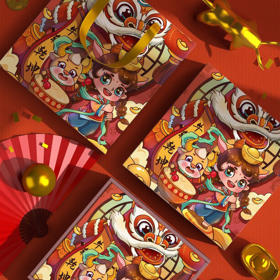 年货中国红国潮舞狮文创贺岁年货礼盒样机