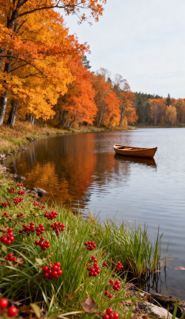 天空秋季山峰山水湖泊唯美风景秋天树木