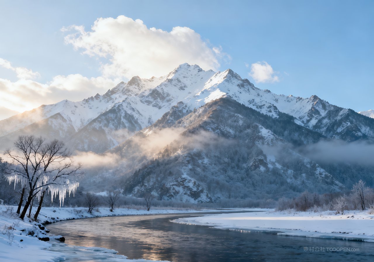 唯美山峰冬天山水河流冬季雪景风景
