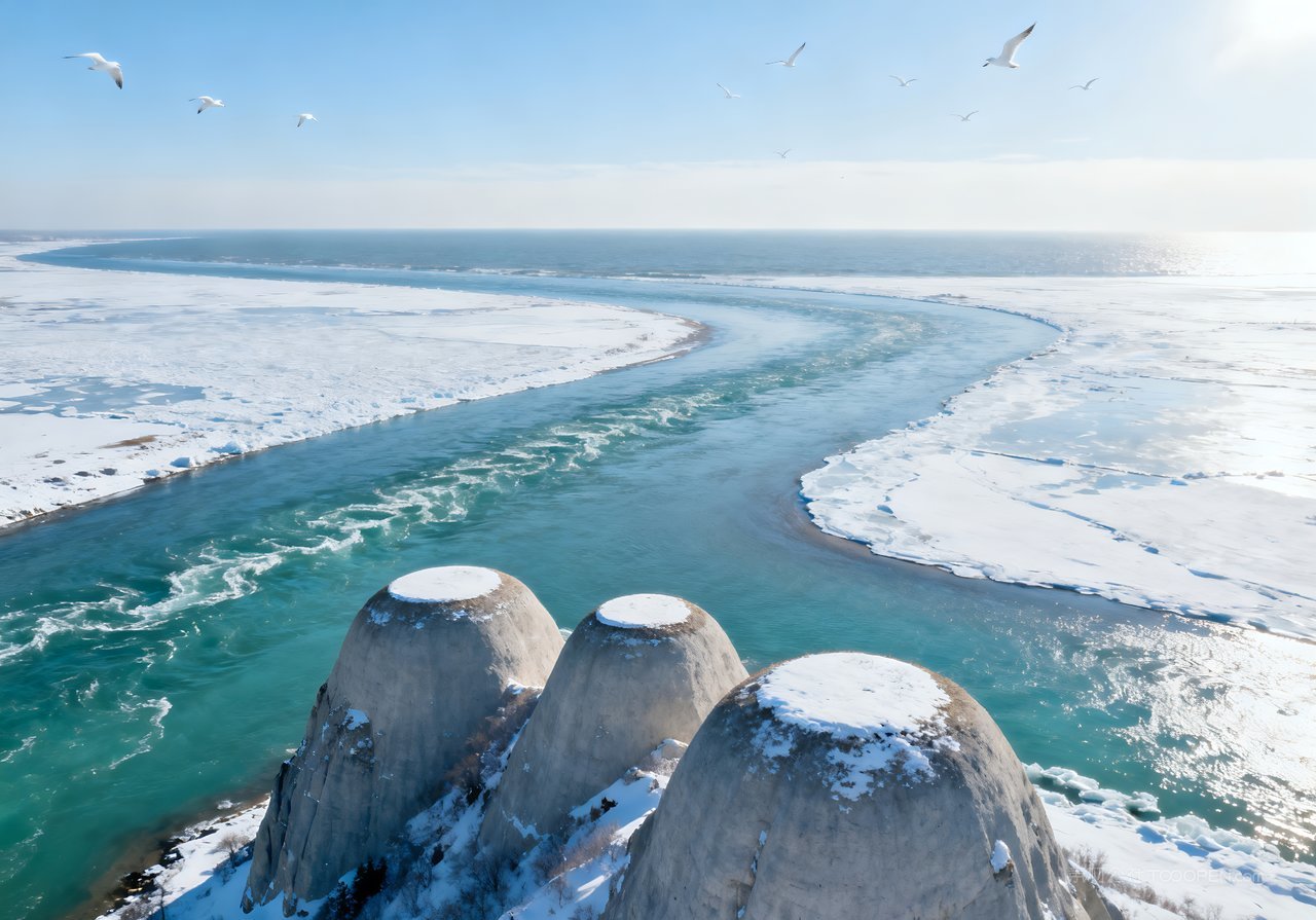 河流冬季山峰雪景风景唯美冬天山水