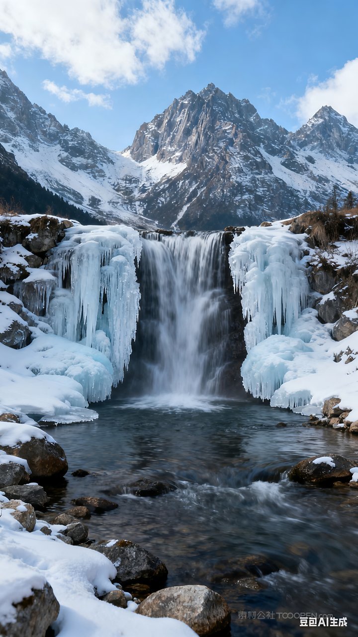 山水唯美冬季风景山峰河流冬天雪景雪山