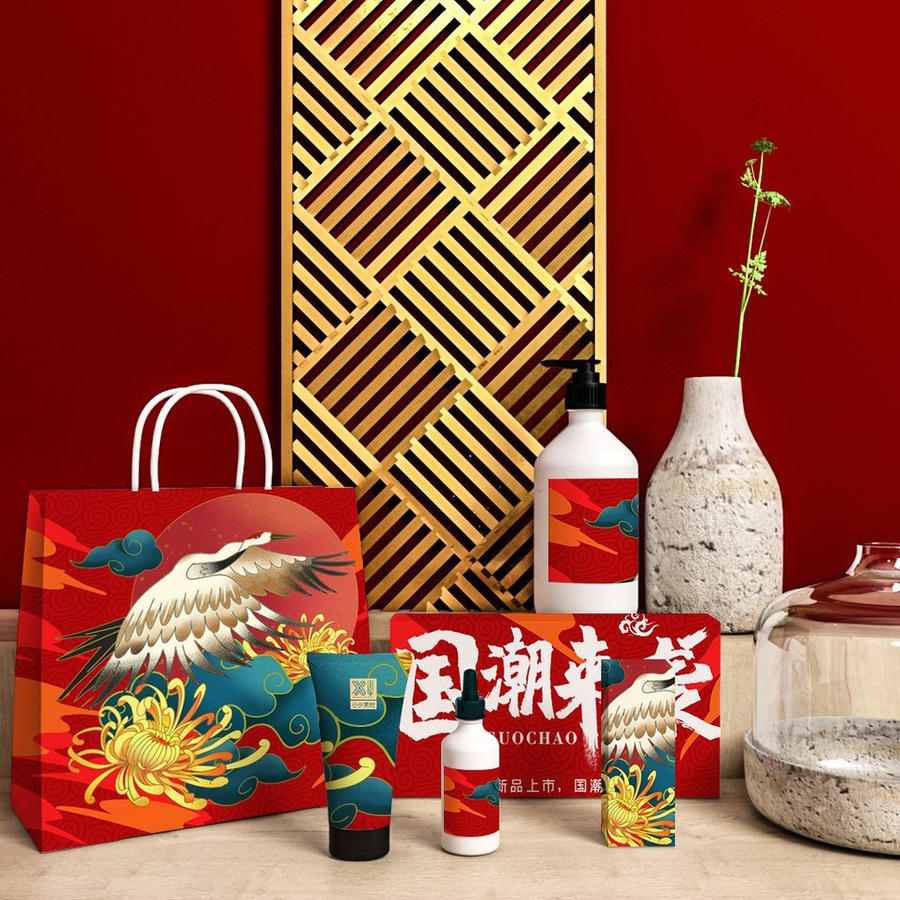 中国红国潮包装贺岁年货红色礼盒样机