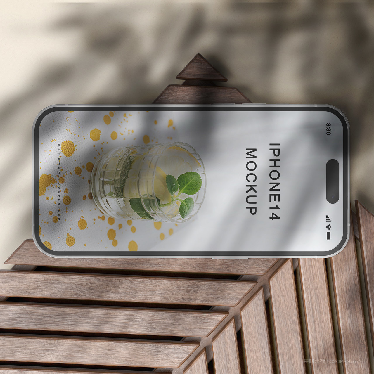 光影效果木头上的手机iPhone贴图样机