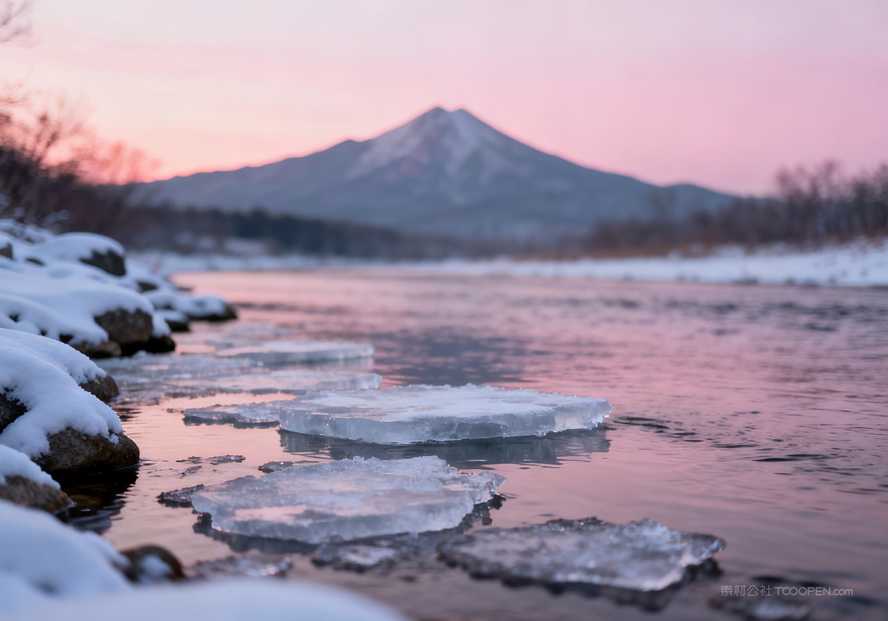 山峰冬季自然唯美风景雪景河流山水冬天