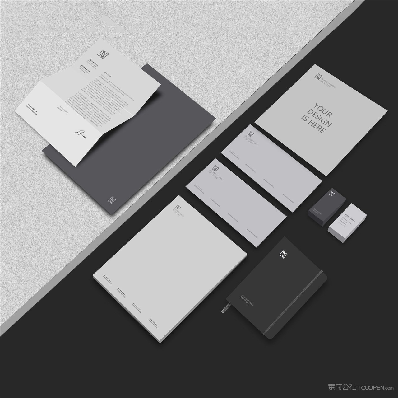 黑色轻奢vi文档信封名片笔记本样机