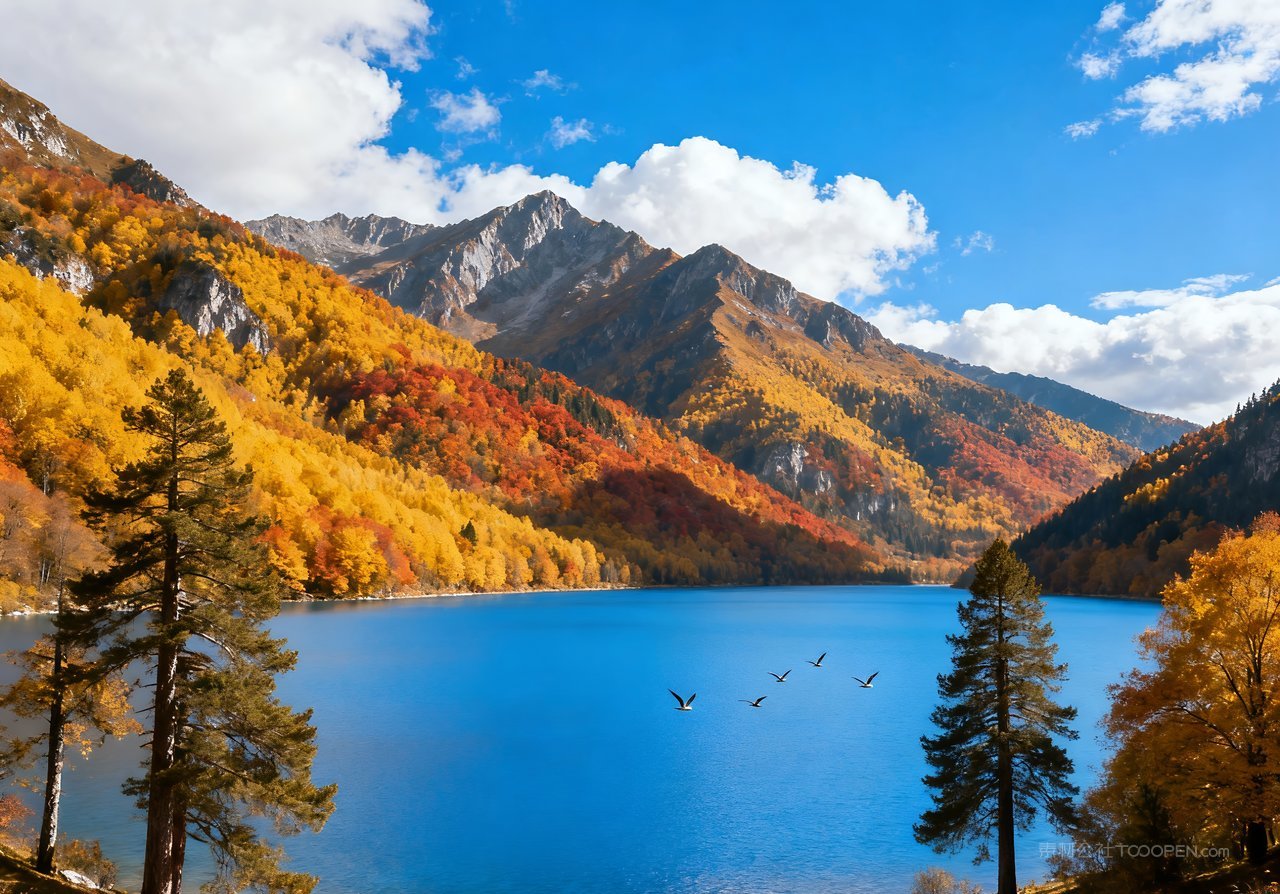 湖泊青山山水山峰唯美天空意境秋天
