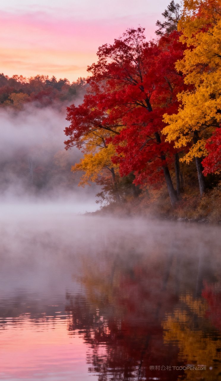 风景山水天空秋天树木唯美山峰湖泊秋季