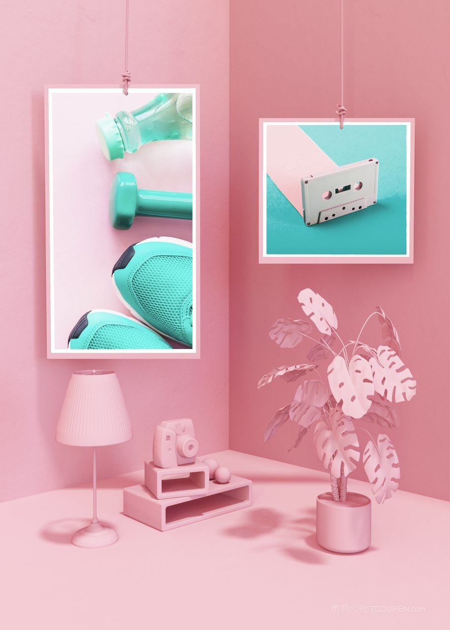 ins风粉色室内空间场景海报相框样机 (8)