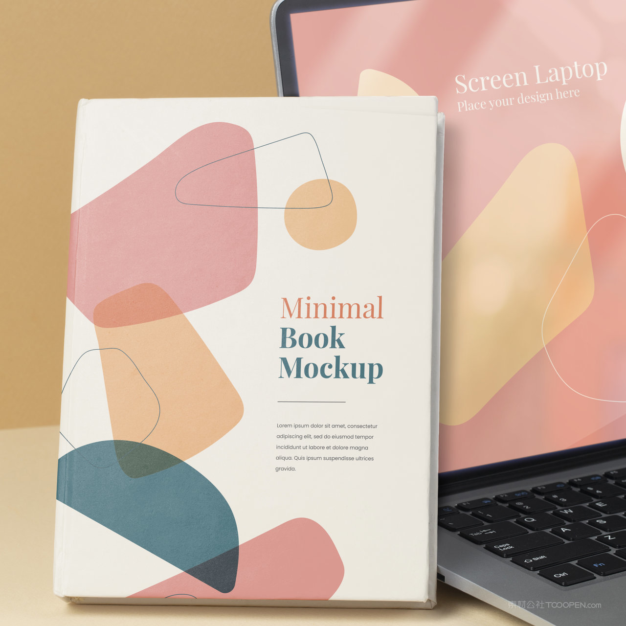 靠在笔记本电脑上的书籍画册贴图样机
