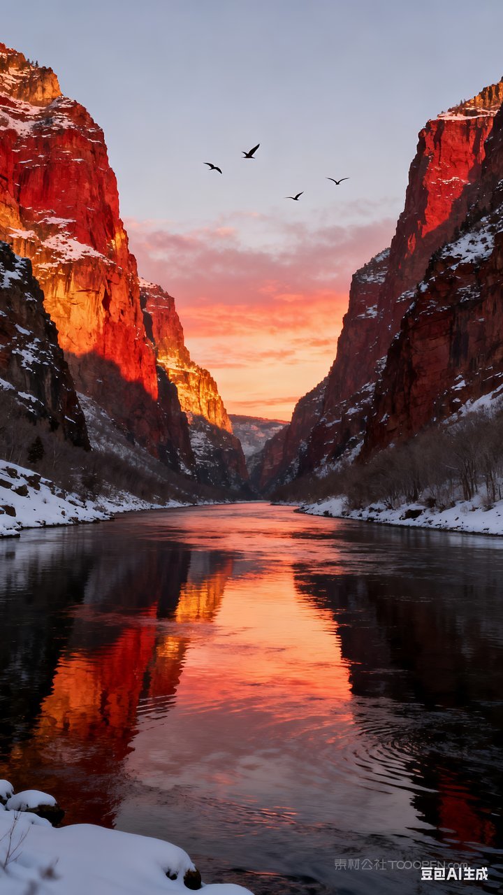 雪山雪景冬季唯美河流山水风景山峰冬天