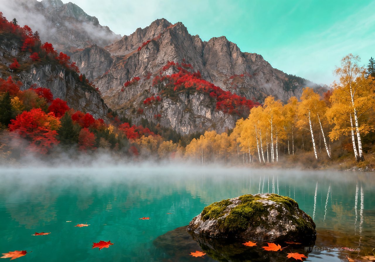 秋天山峰天空意境唯美湖泊山水