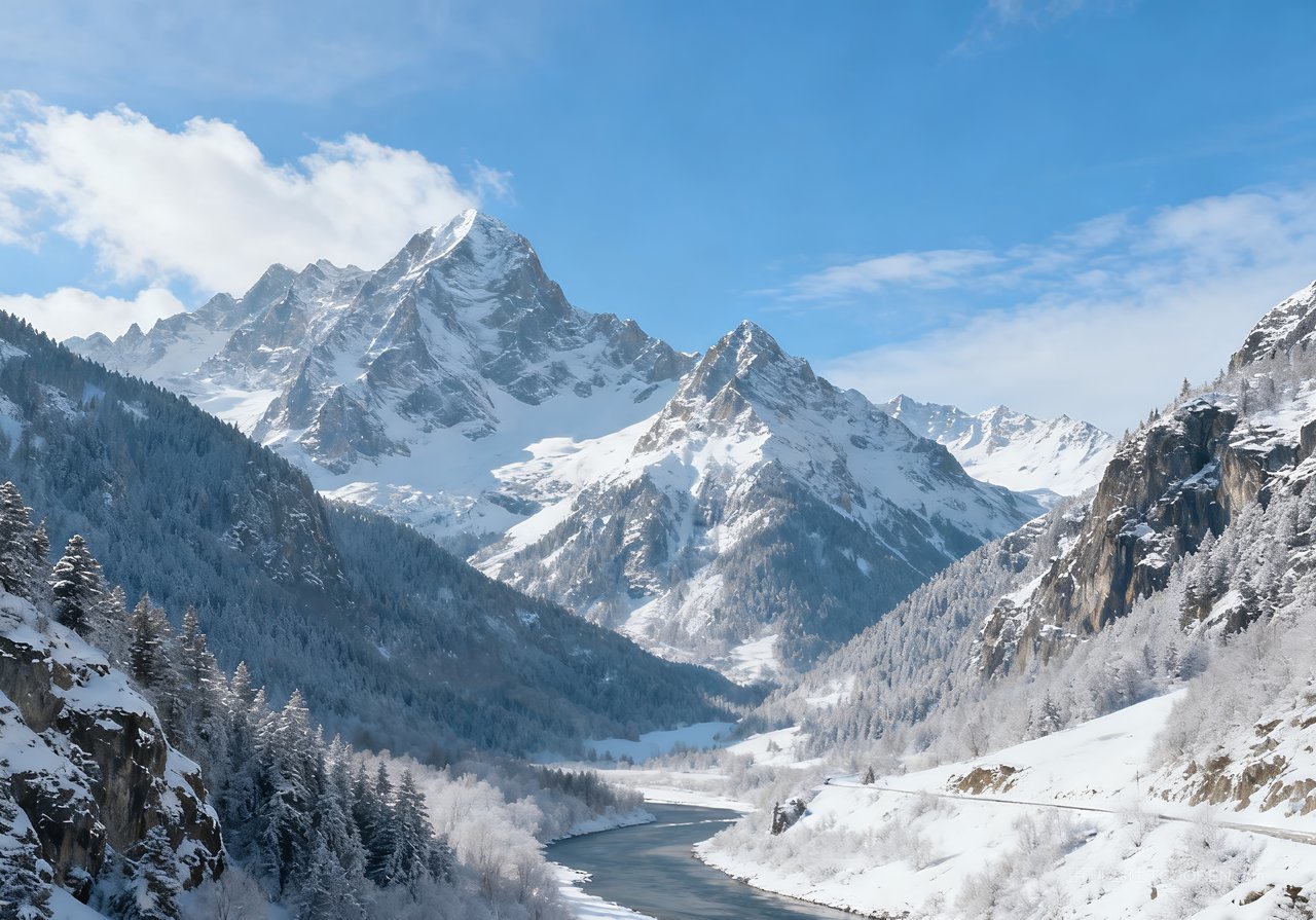 河流风景冬天山水自然唯美冬季山峰雪景