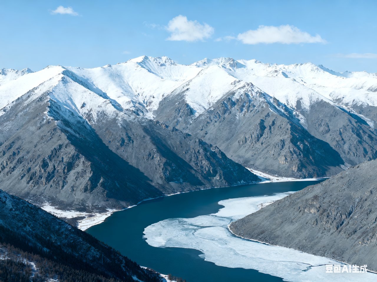 山水雪景风景山峰河流冬季唯美冬天