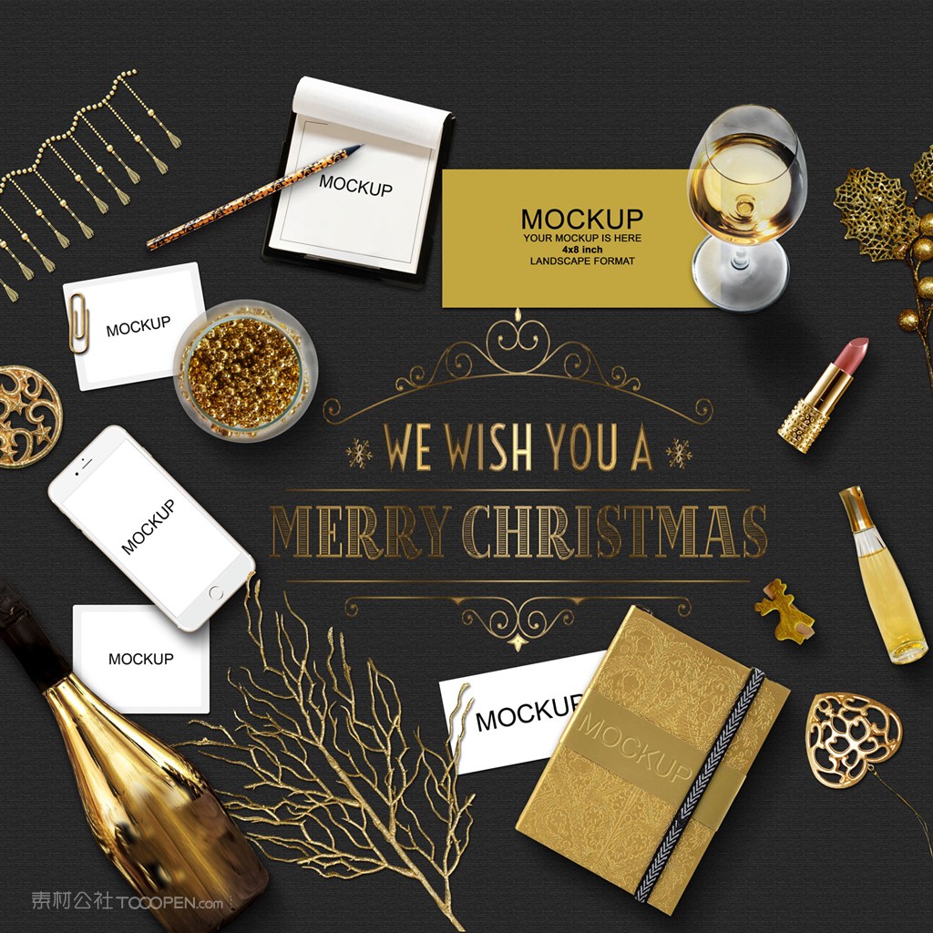 金色树枝iPhone手机笔记本蜡烛名片卡片场景样机