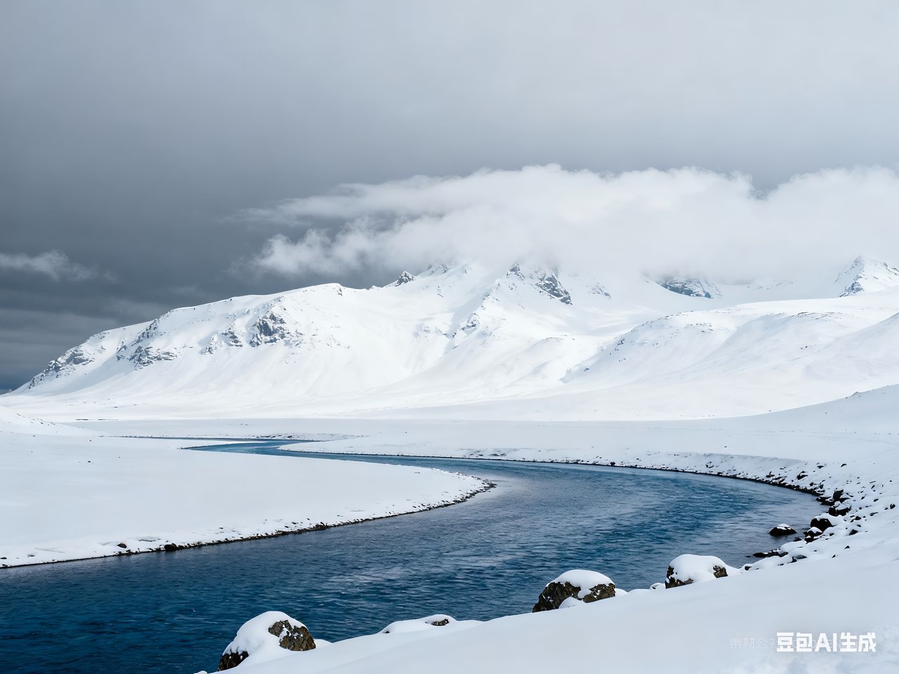 山峰冬季唯美河流雪景山水冬天风景