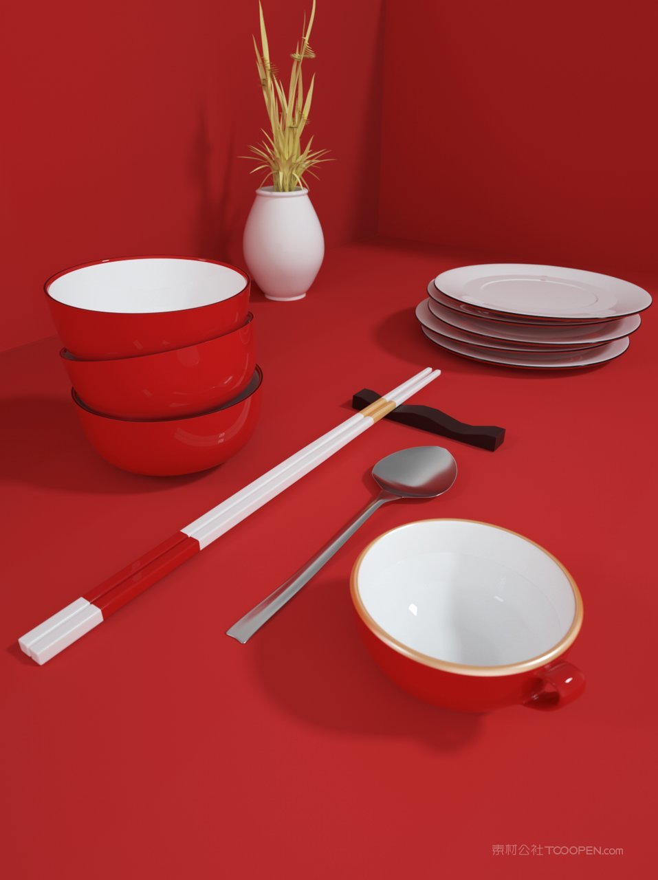 国潮结婚喜庆红色餐具文创样机