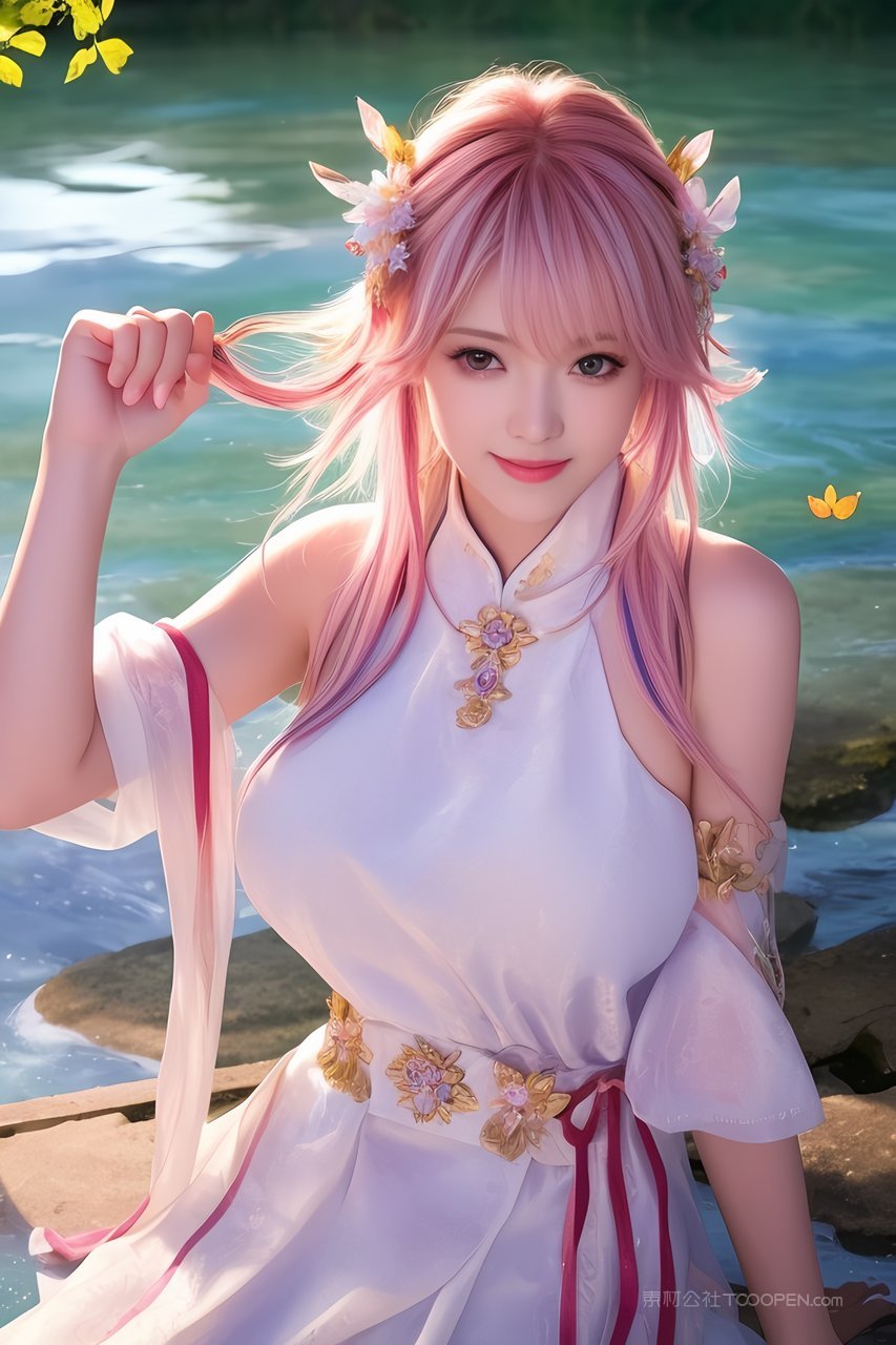 在河边游玩的ai古风美女艺术照片