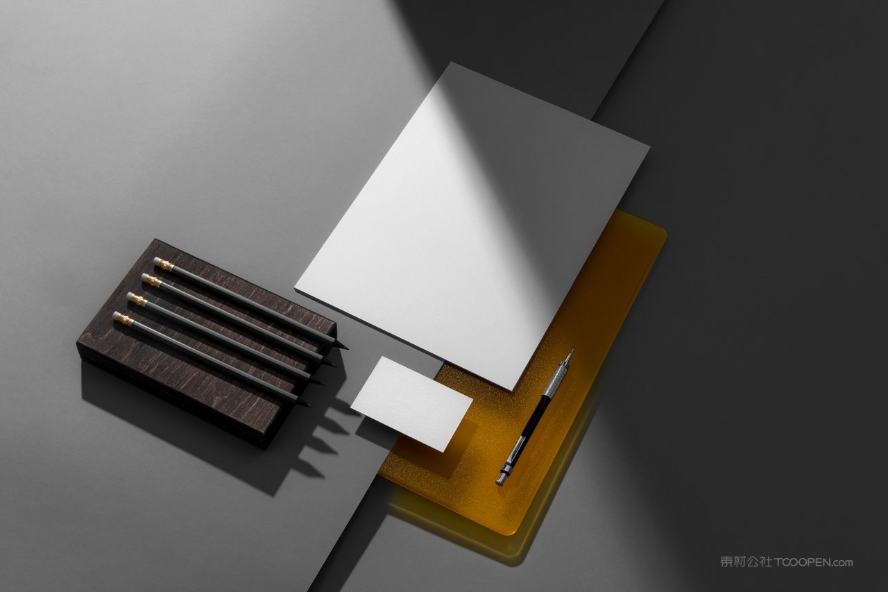 信纸名片文具商务黑色光影A4信纸名片vi品牌样机