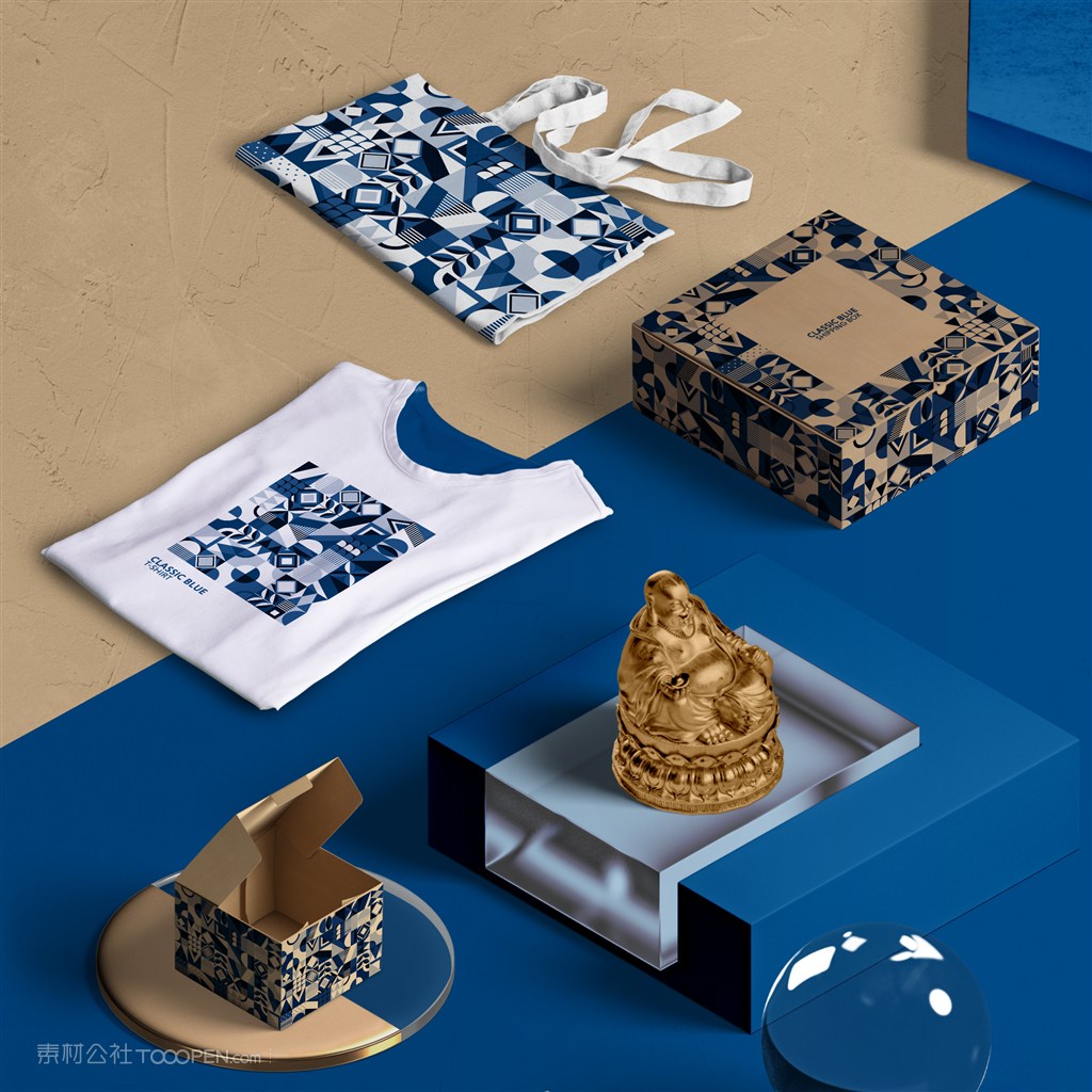 2020蓝色品牌viT恤手提袋包装盒贴图样机