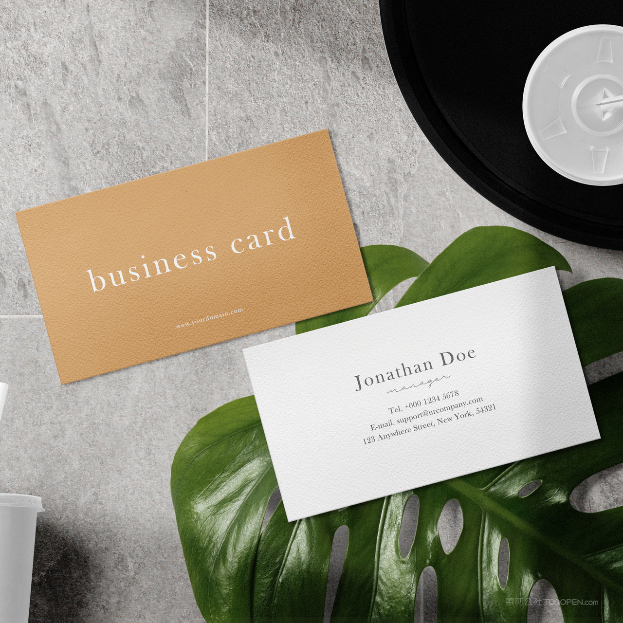 树叶上的名片正反面贴图样机