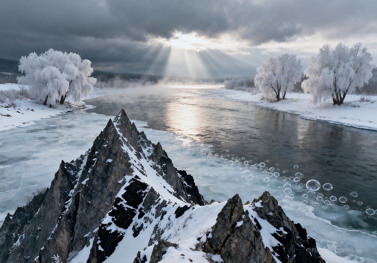 冬天山水唯美山峰风景冬季雪景河流自然