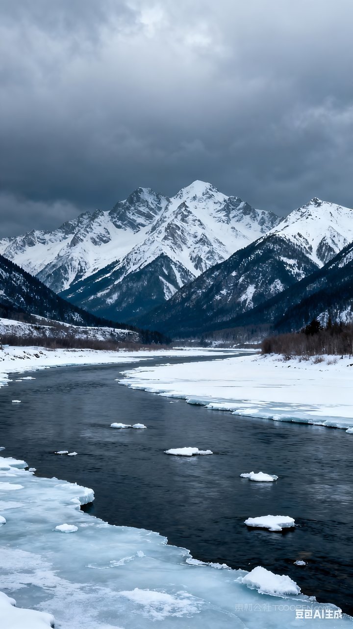 河流雪景冬季唯美冬天山峰山水风景