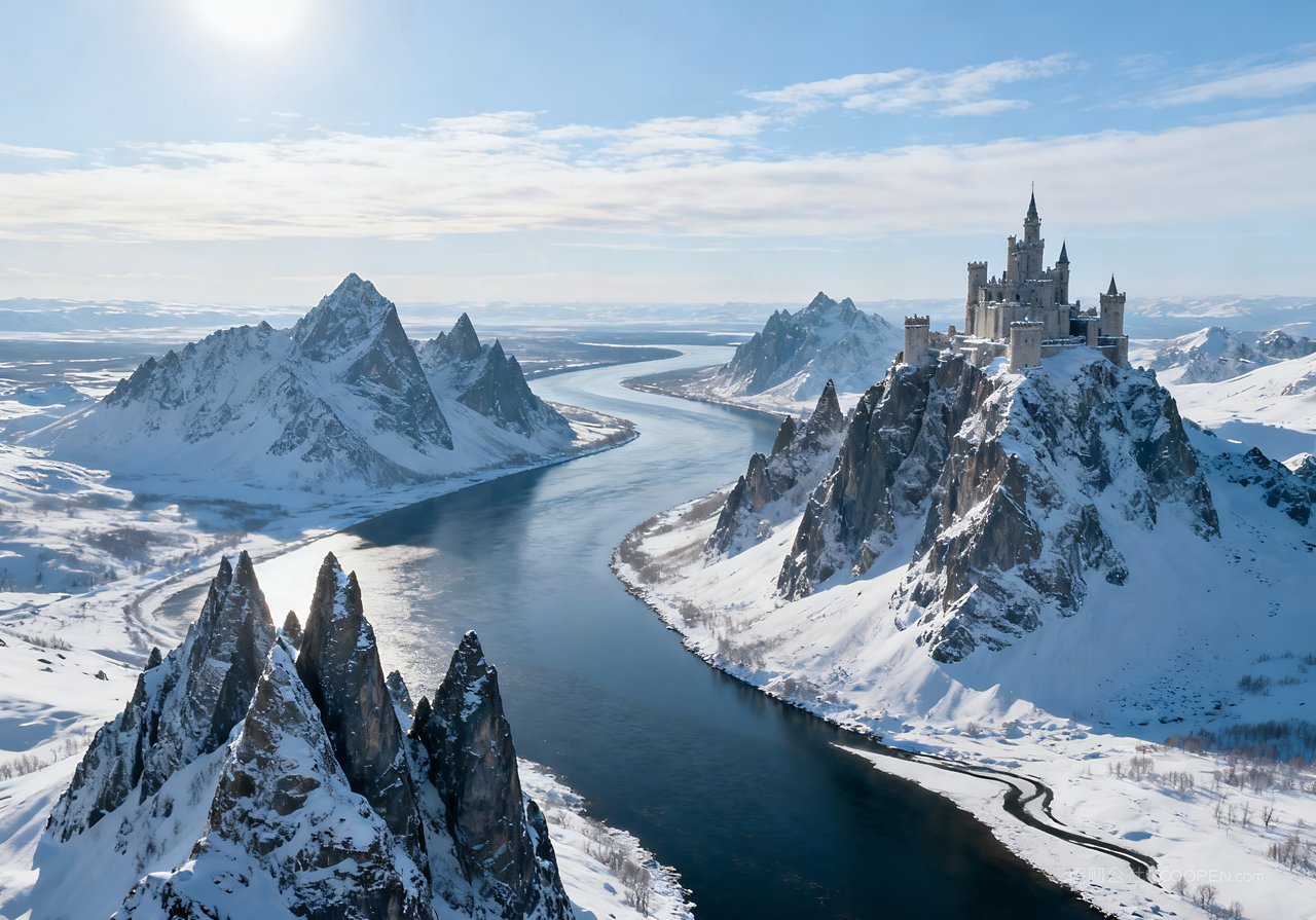 河流唯美雪景冬天山峰冬季山水风景自然