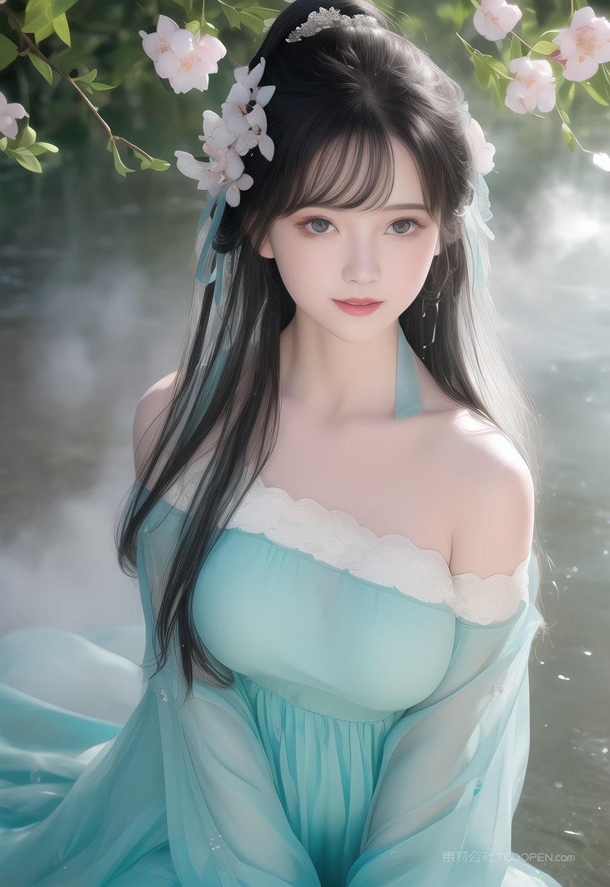 穿着淡蓝色露肩汉服的ai美女户外河边写真