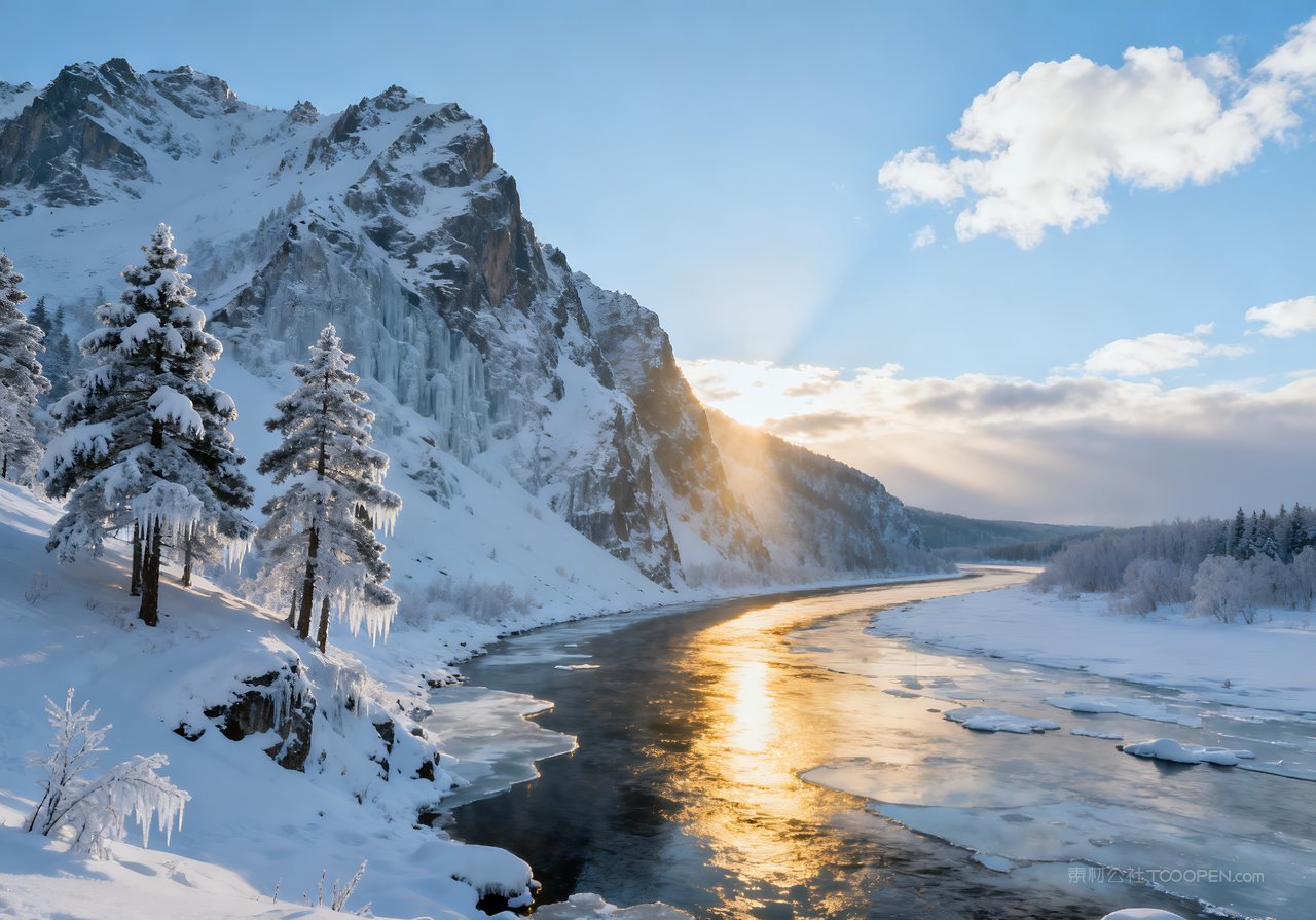 冬季风景山峰河流唯美山水冬天雪景