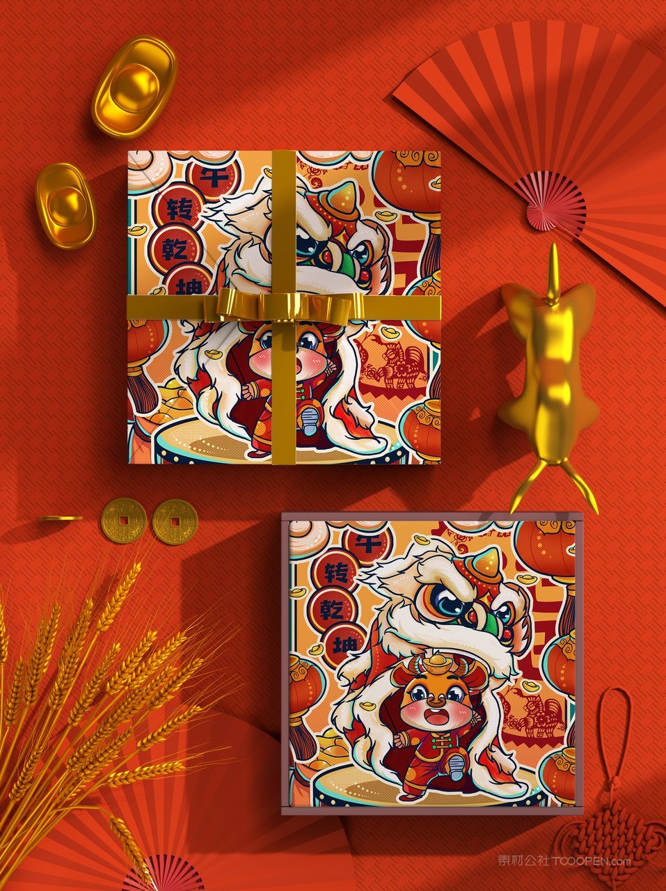 中国红国潮舞狮文创贺岁年货礼盒样机