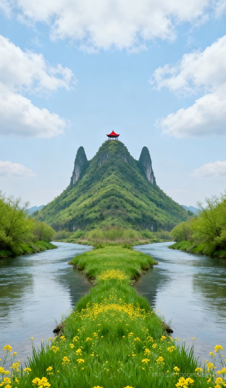 河流唯美山水意境自然天空风景春天山峰