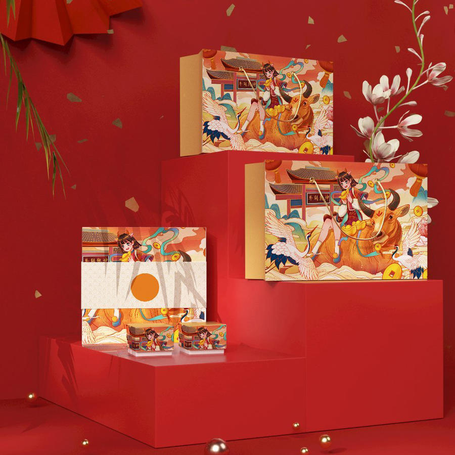 中国红国潮精品文创贺岁年货礼盒样机