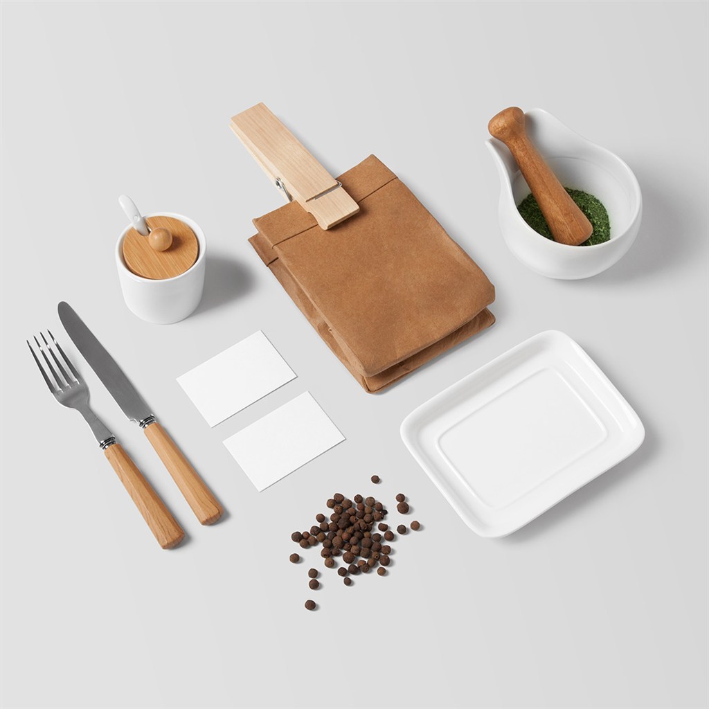 西餐厅VI样机名片纸袋贴图模板