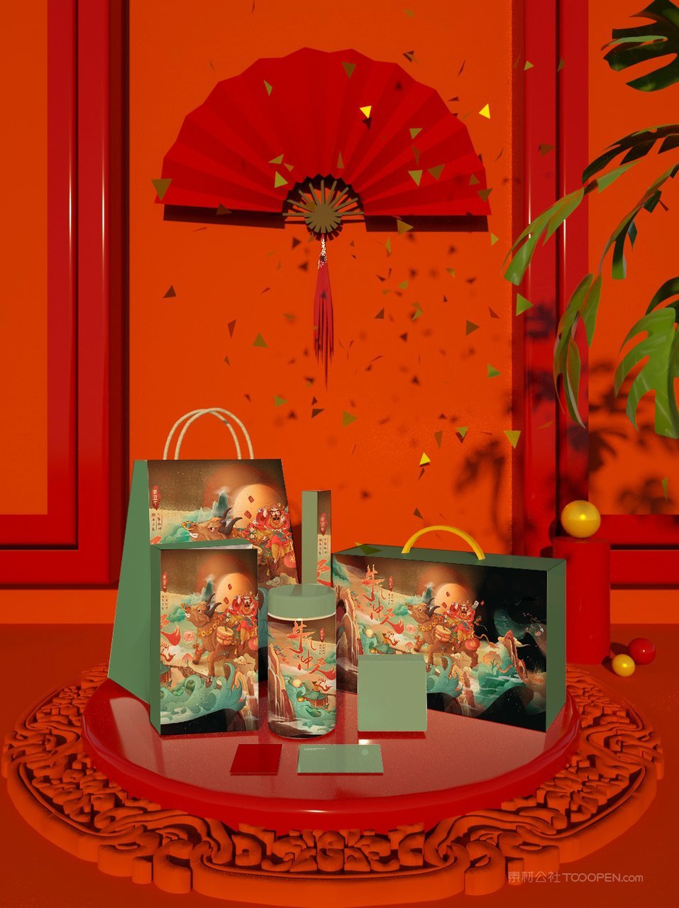 中国红文创贺岁年货精品礼盒样机