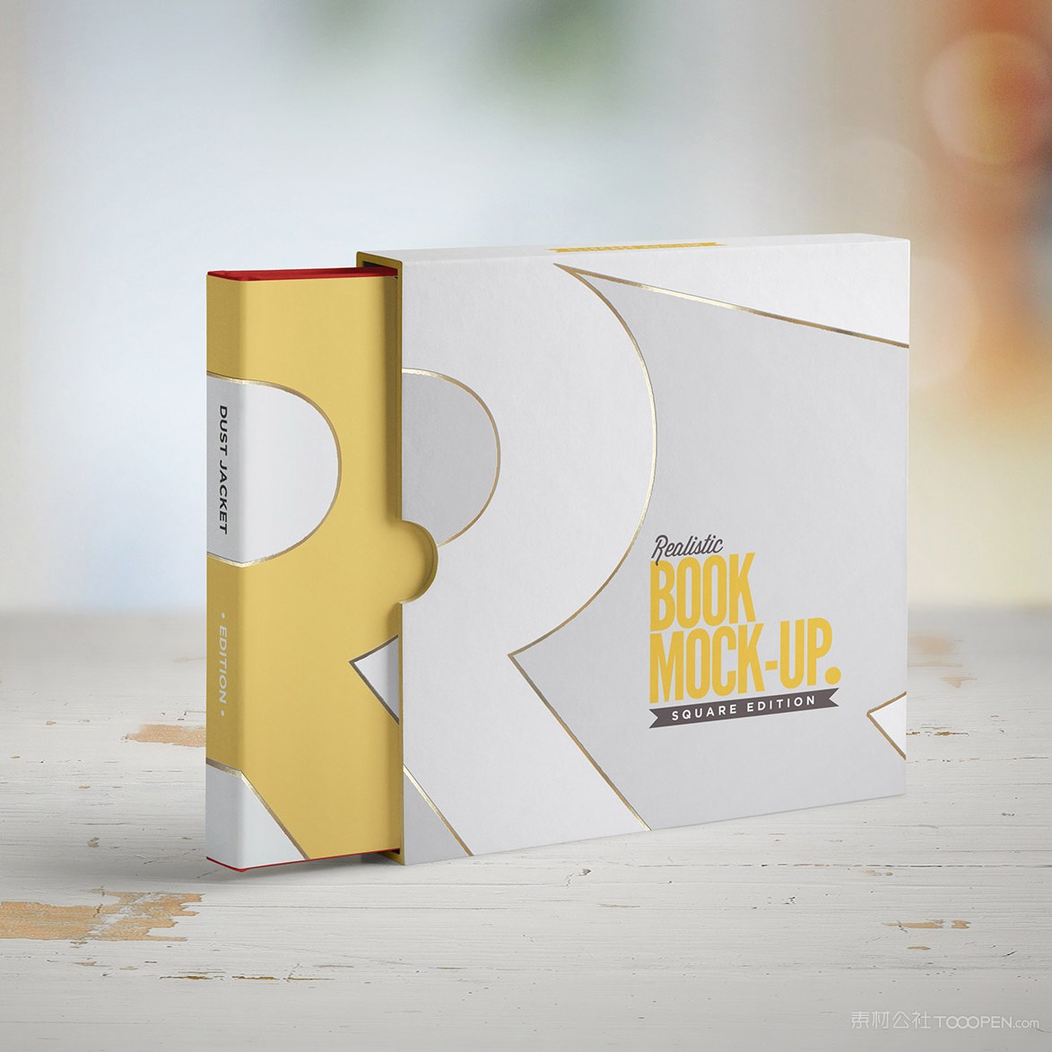 竖立在木板上的正方形书本画册装帧设计样机