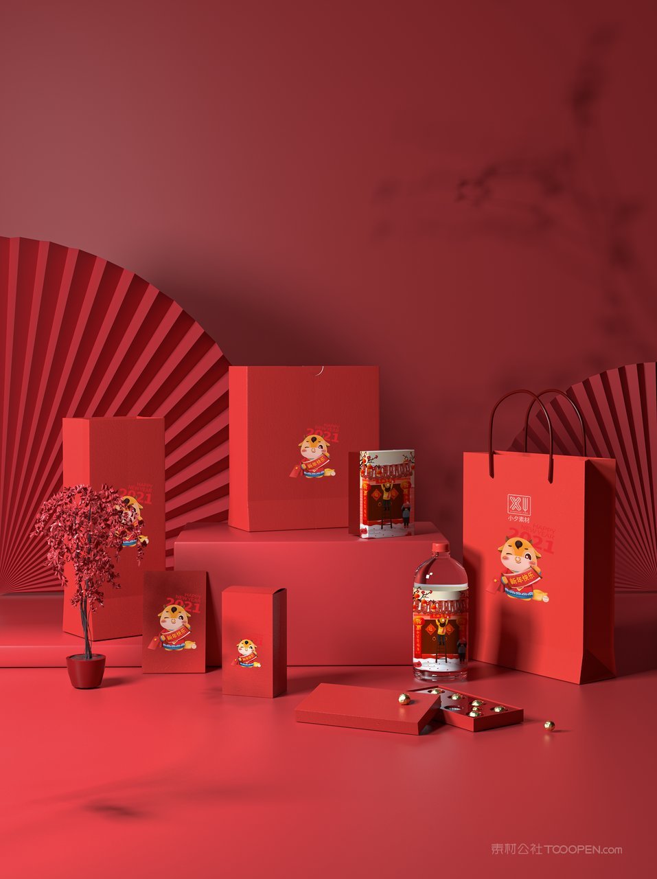 中国红国潮贺岁年货红色礼盒样机