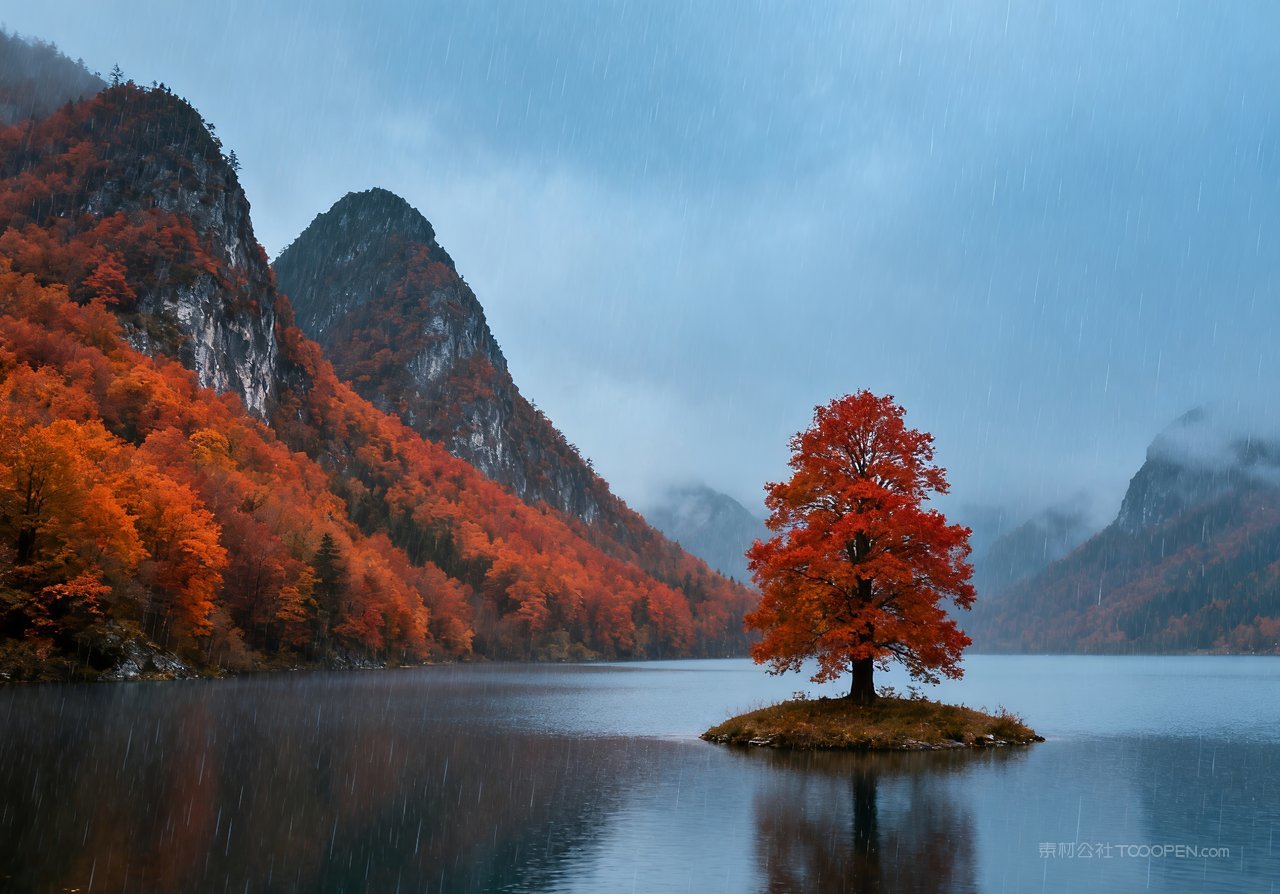 湖泊秋季山峰意境青山天空山水唯美