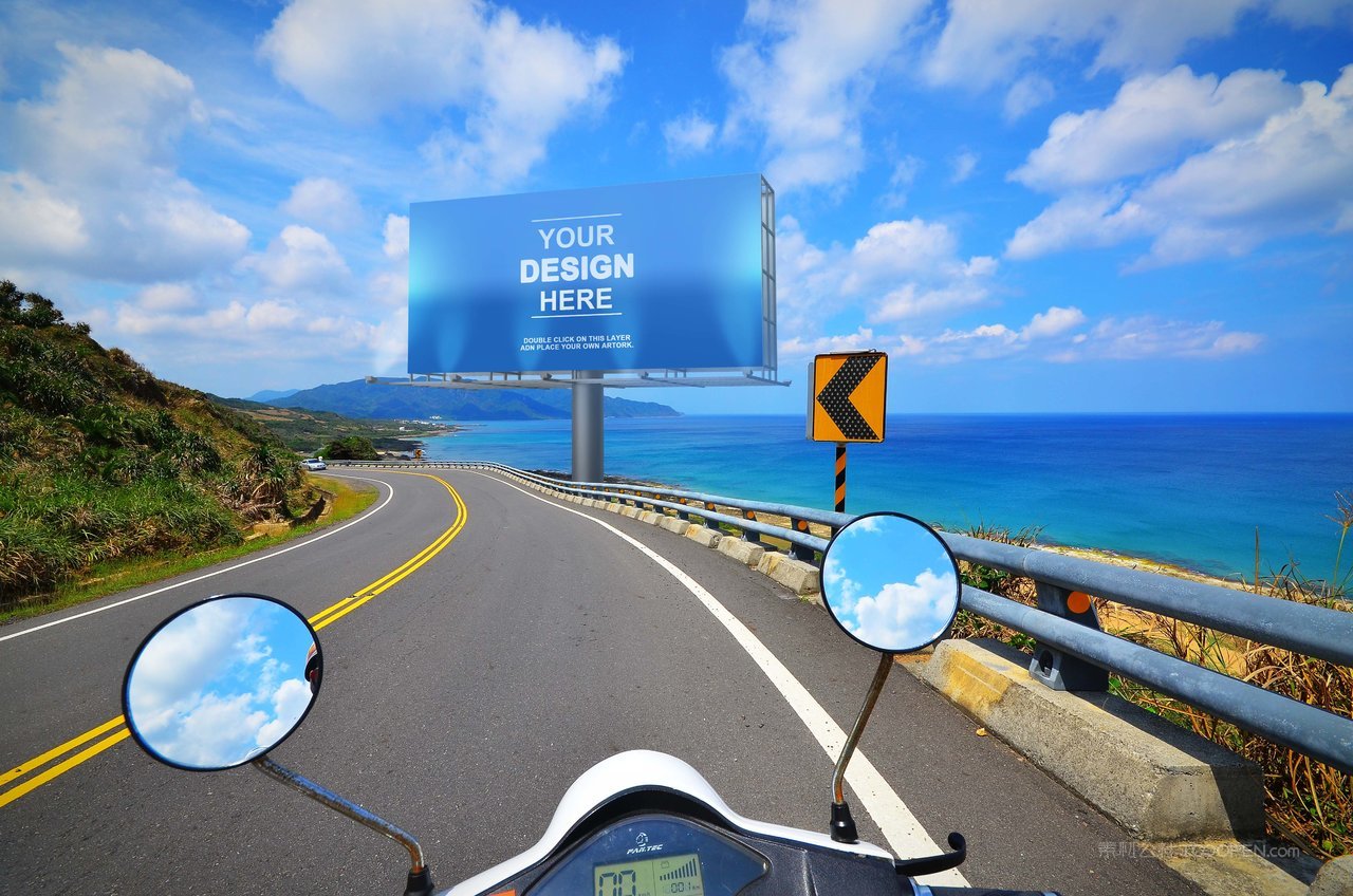 海边公路摩托车海港城市户外广告牌海报样机