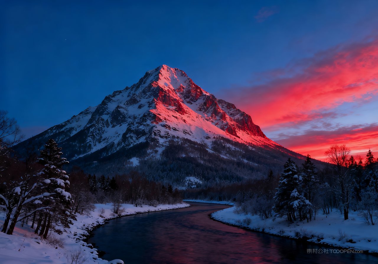 山水雪景山峰河流冬天自然唯美风景冬季