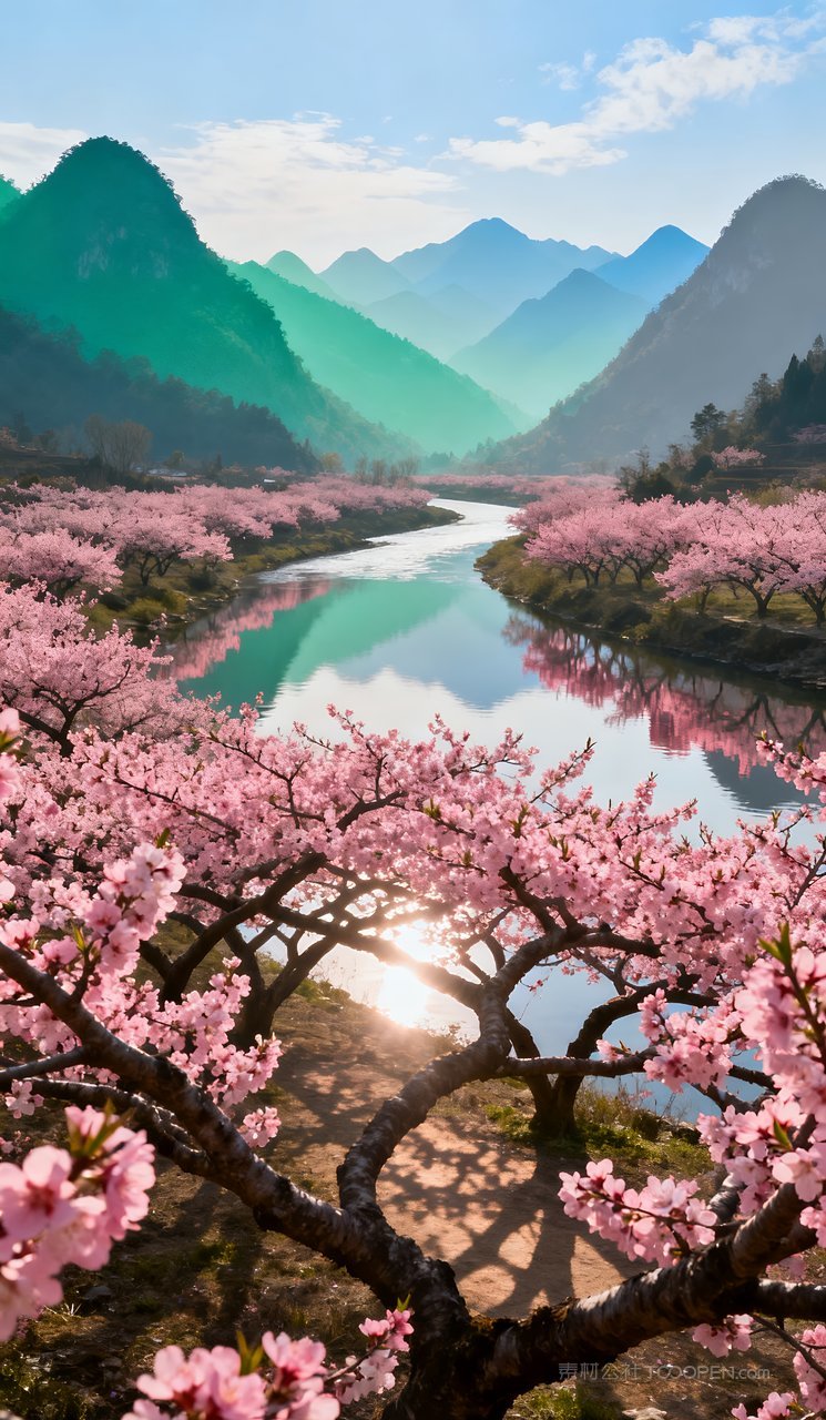 风景山水河流唯美自然天空山峰意境春天