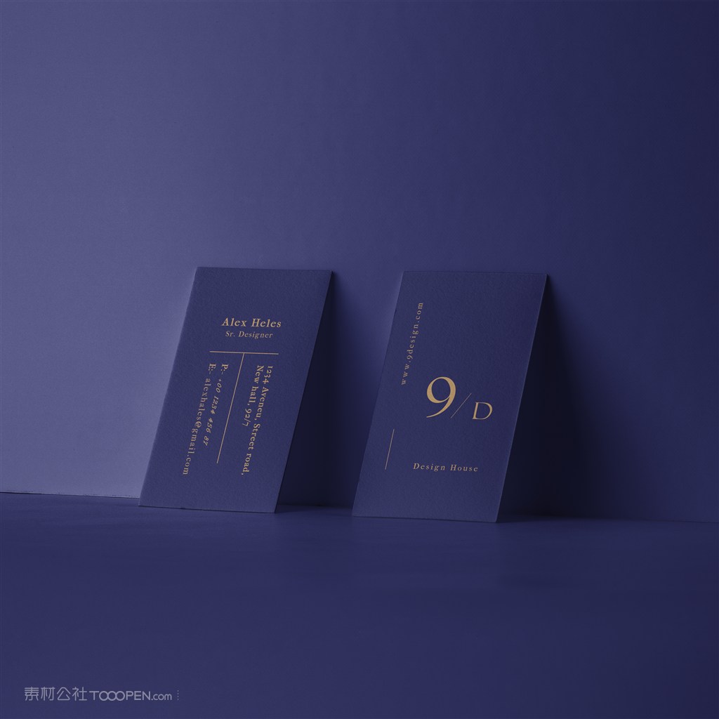 靠在墙上的紫色名片正反面贴图样机