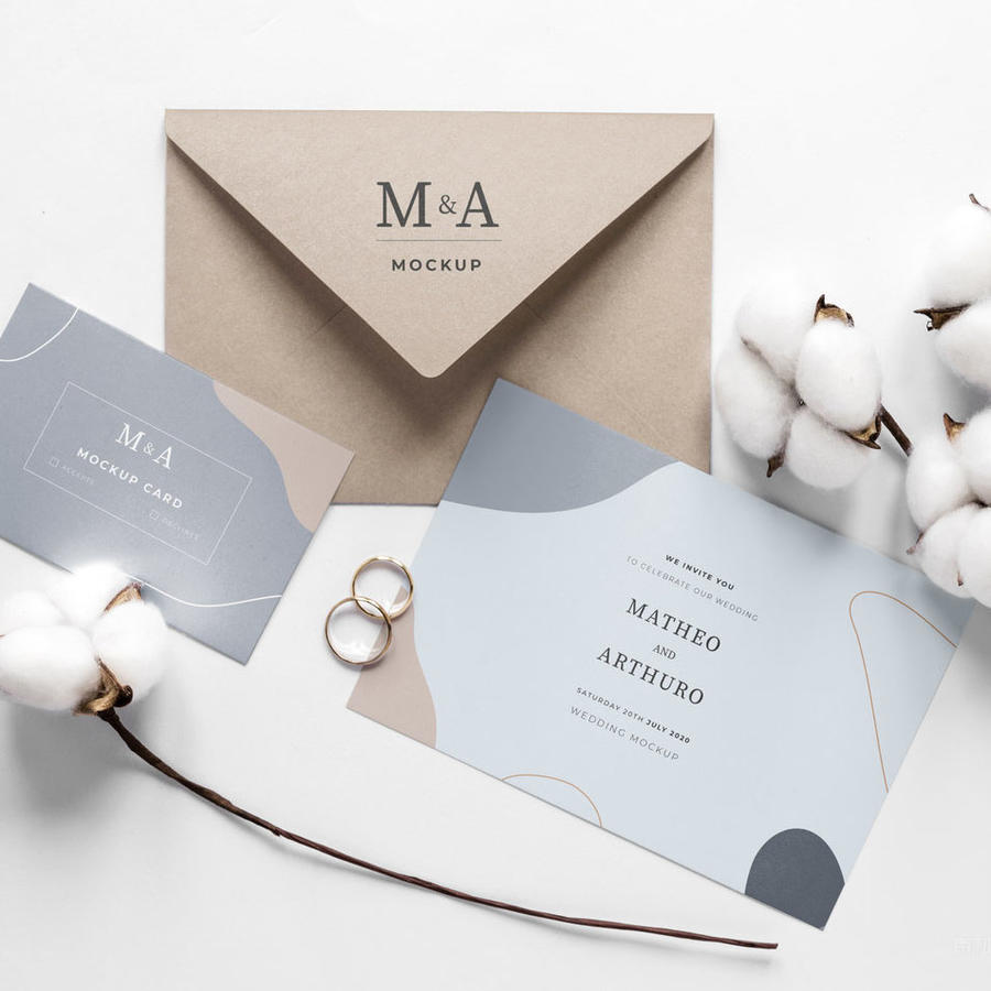 婚礼贺卡请柬和信封样机