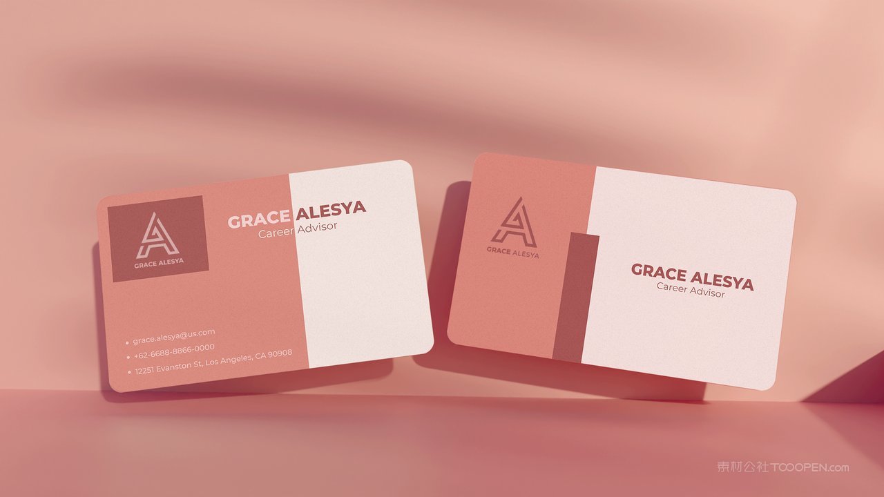 粉色两张高级名片光影场景样机