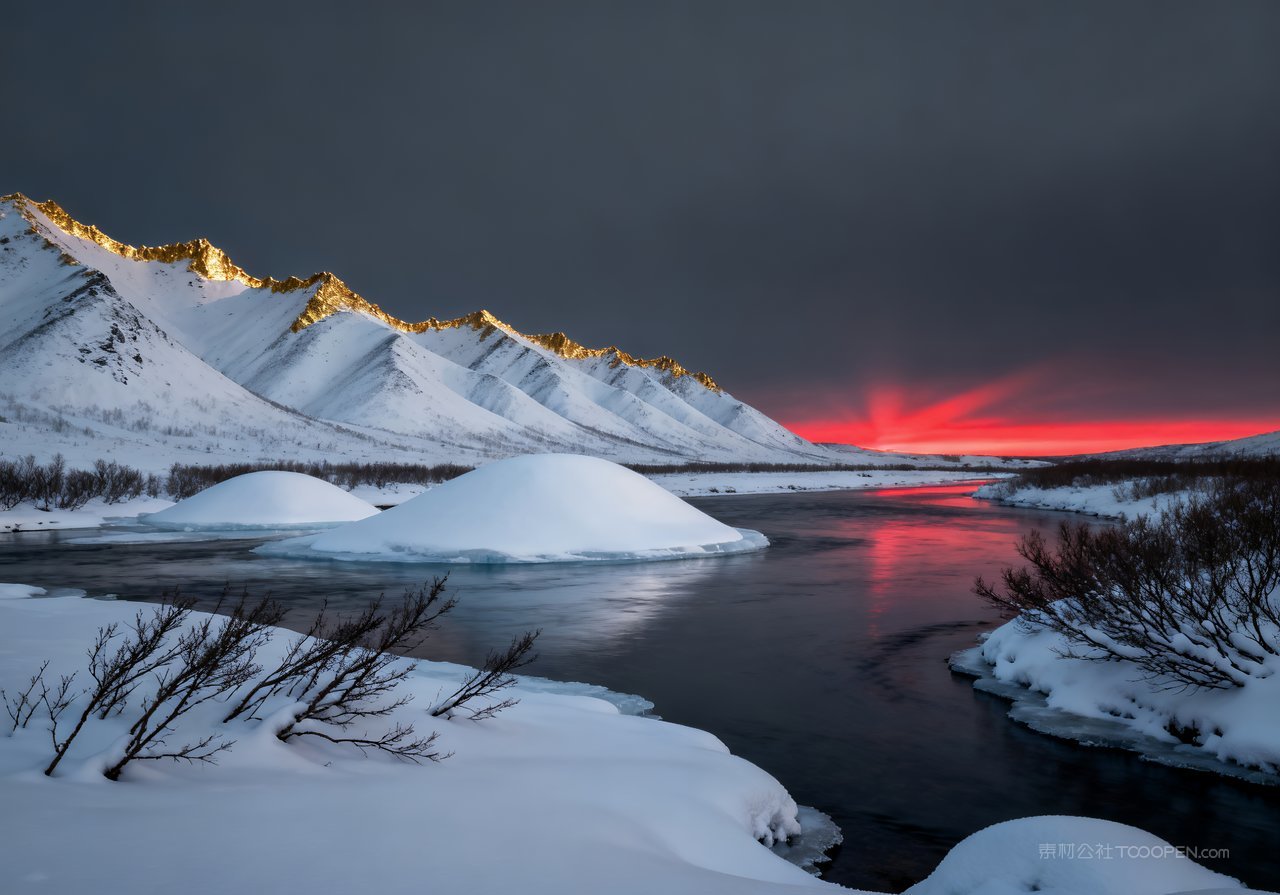 冬季河流山水自然冬天唯美雪景风景山峰