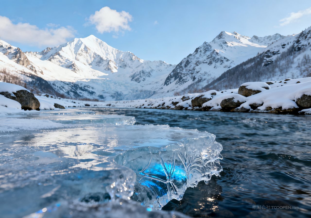 冬天山峰山水河流风景自然雪景冬季唯美