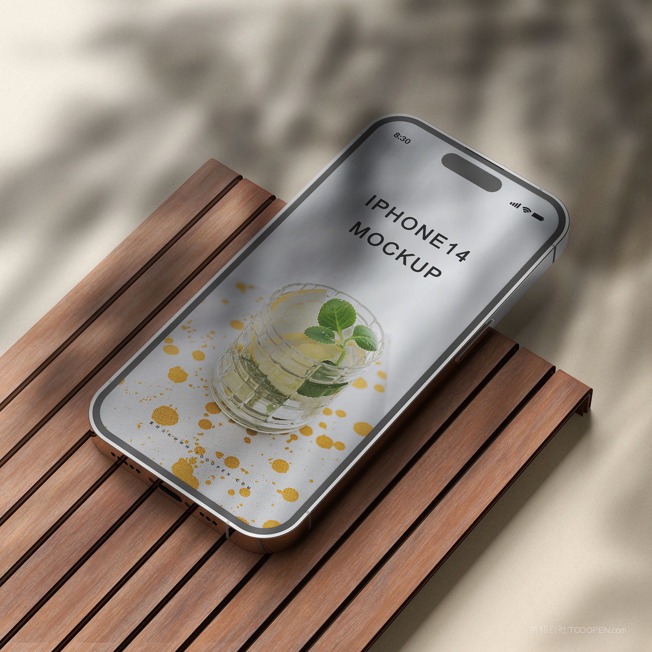 光影效果木板上的iPhone14贴图样机
