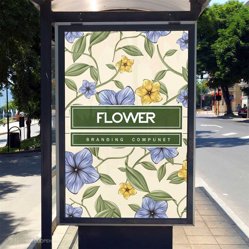 花店vi公交车灯箱广告海报样机模板