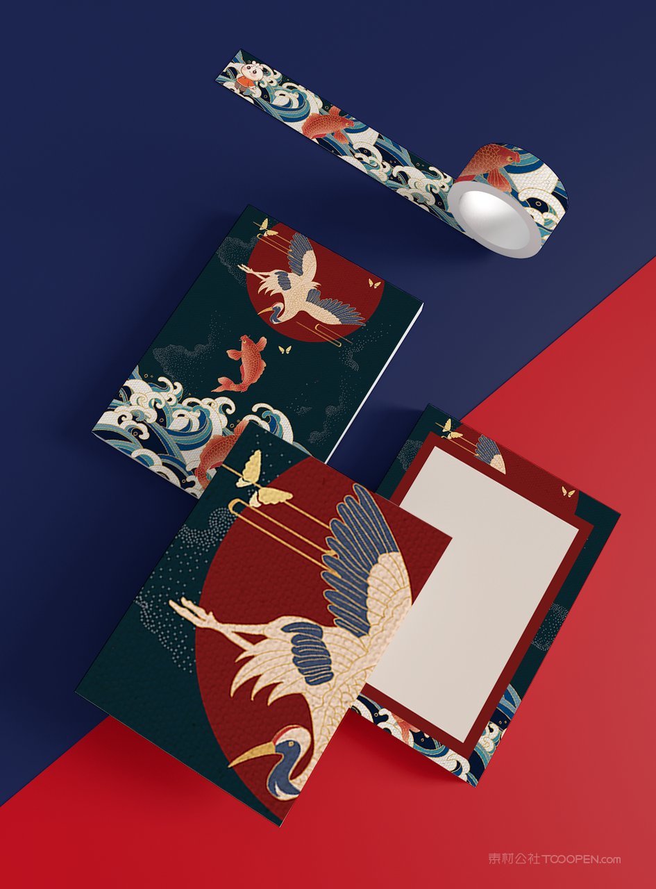 国潮文创仙鹤贺岁年货红色礼盒样机