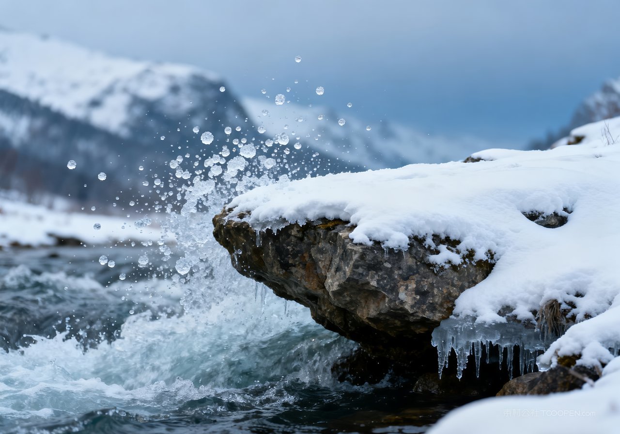 雪景冬季冬天自然风景唯美河流山水山峰
