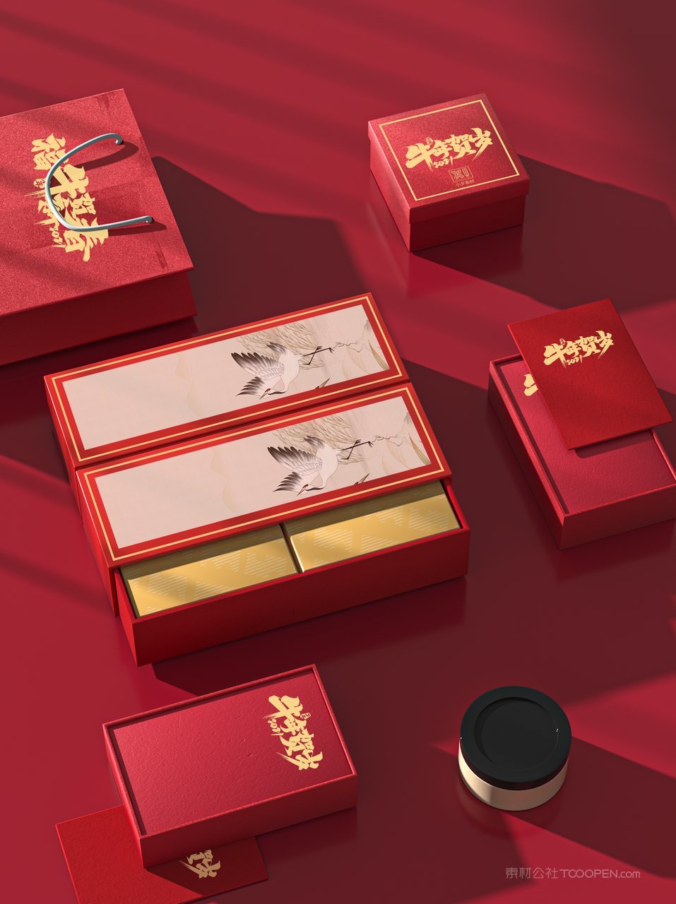 中国红国潮文创贺岁年货红色礼盒样机 (51)